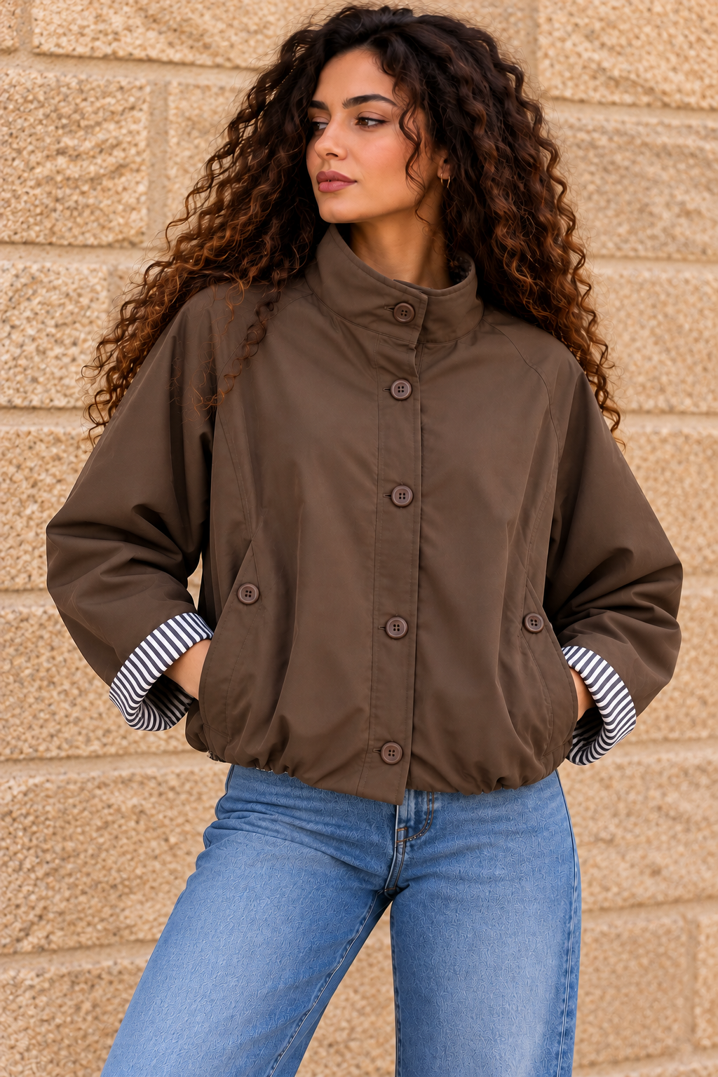 Brown High-Neck Button Jacket