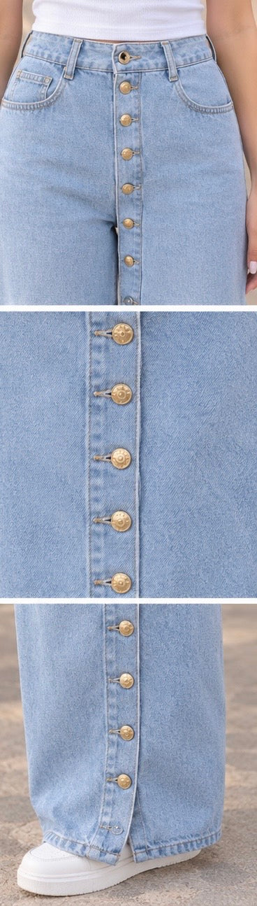 Light Blue Button-Front Wide Leg Jeans