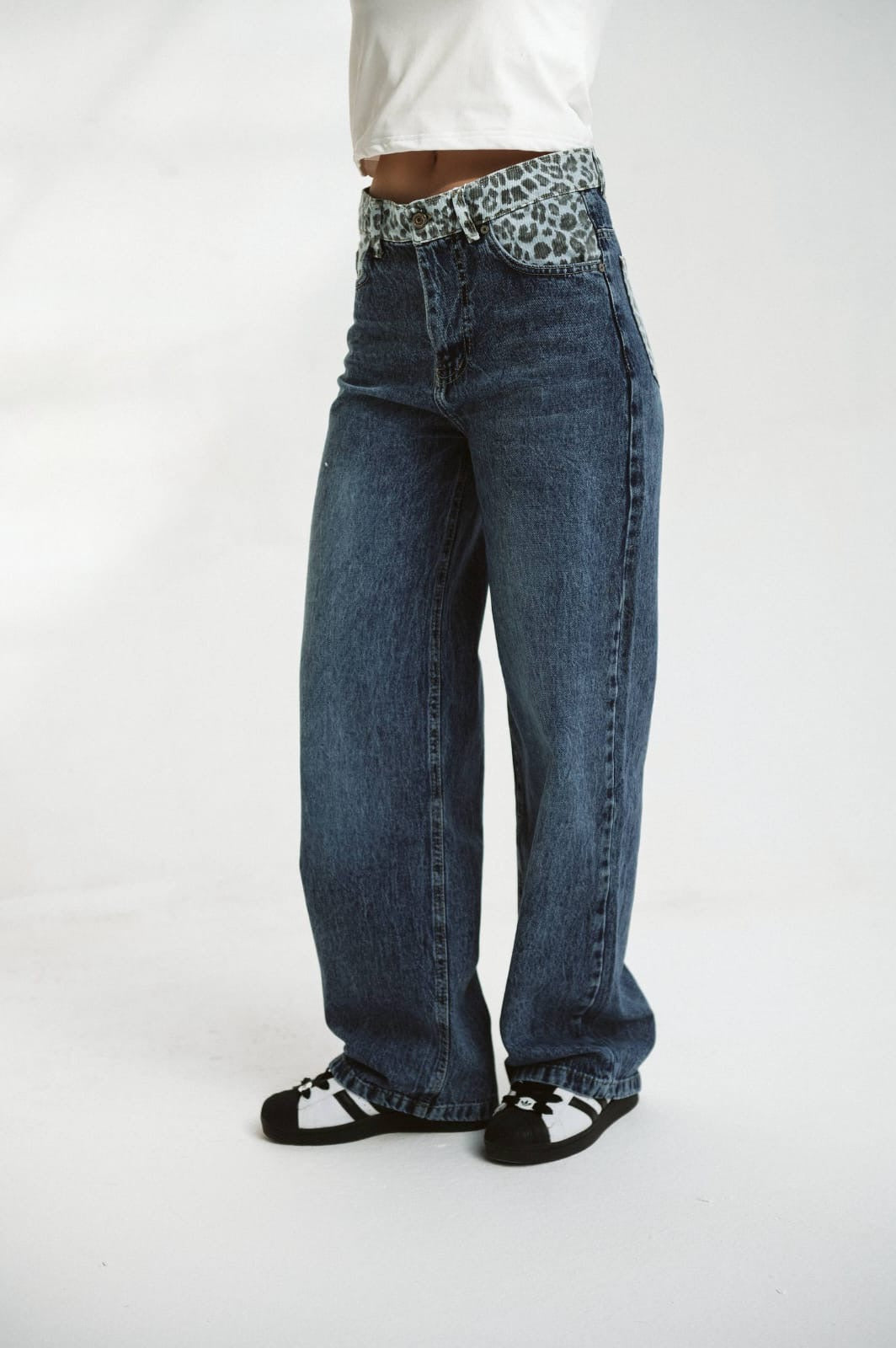 White leopard straight blue jeans