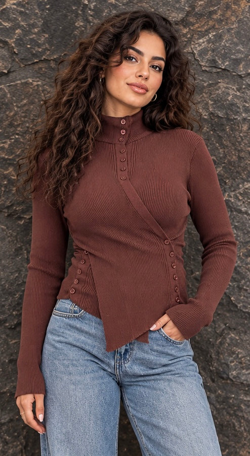 Rust Brown Asymmetrical Buttoned Ribbed Top