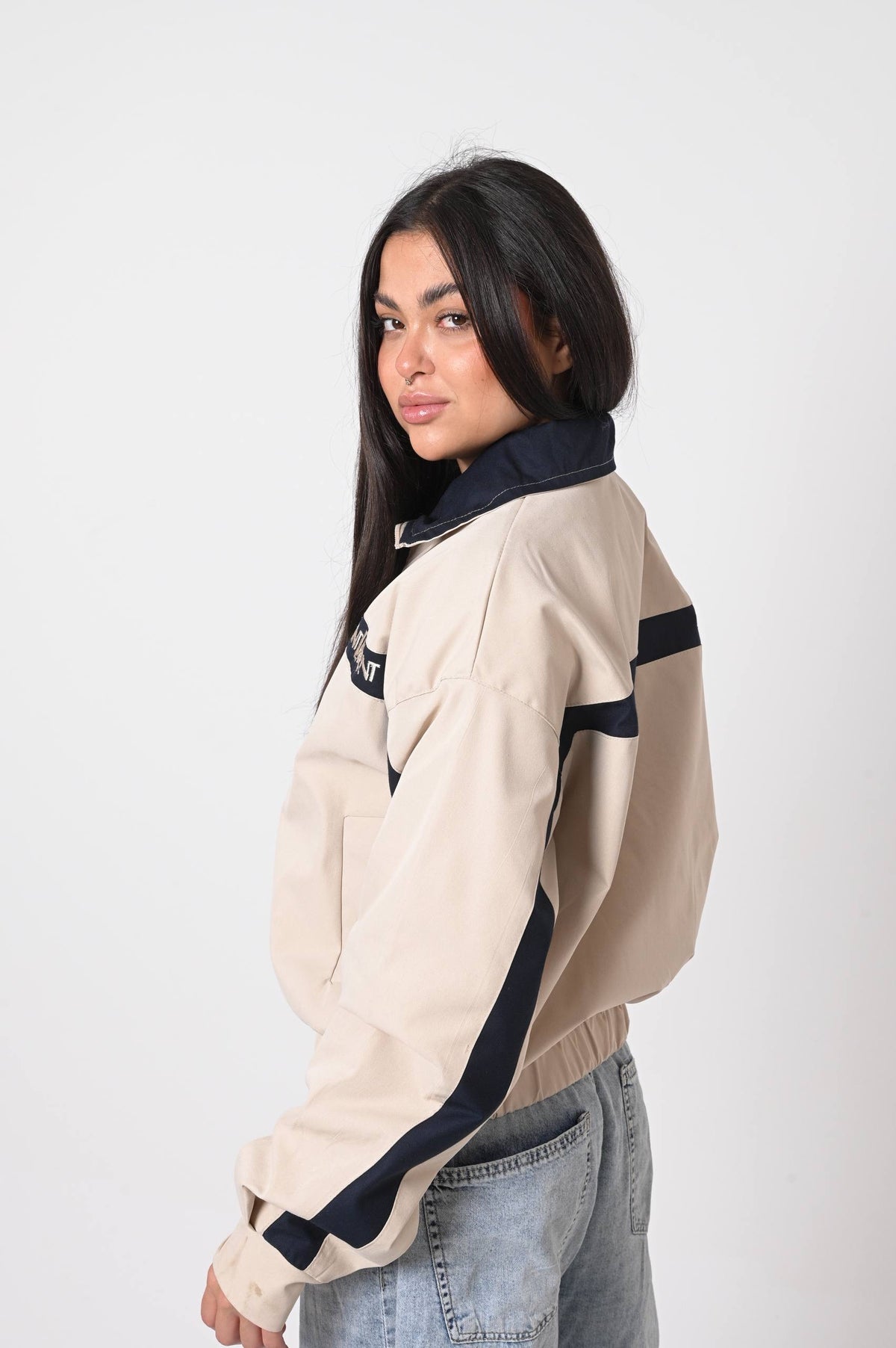 Beige & Navy Contrast Stripe Jacket
