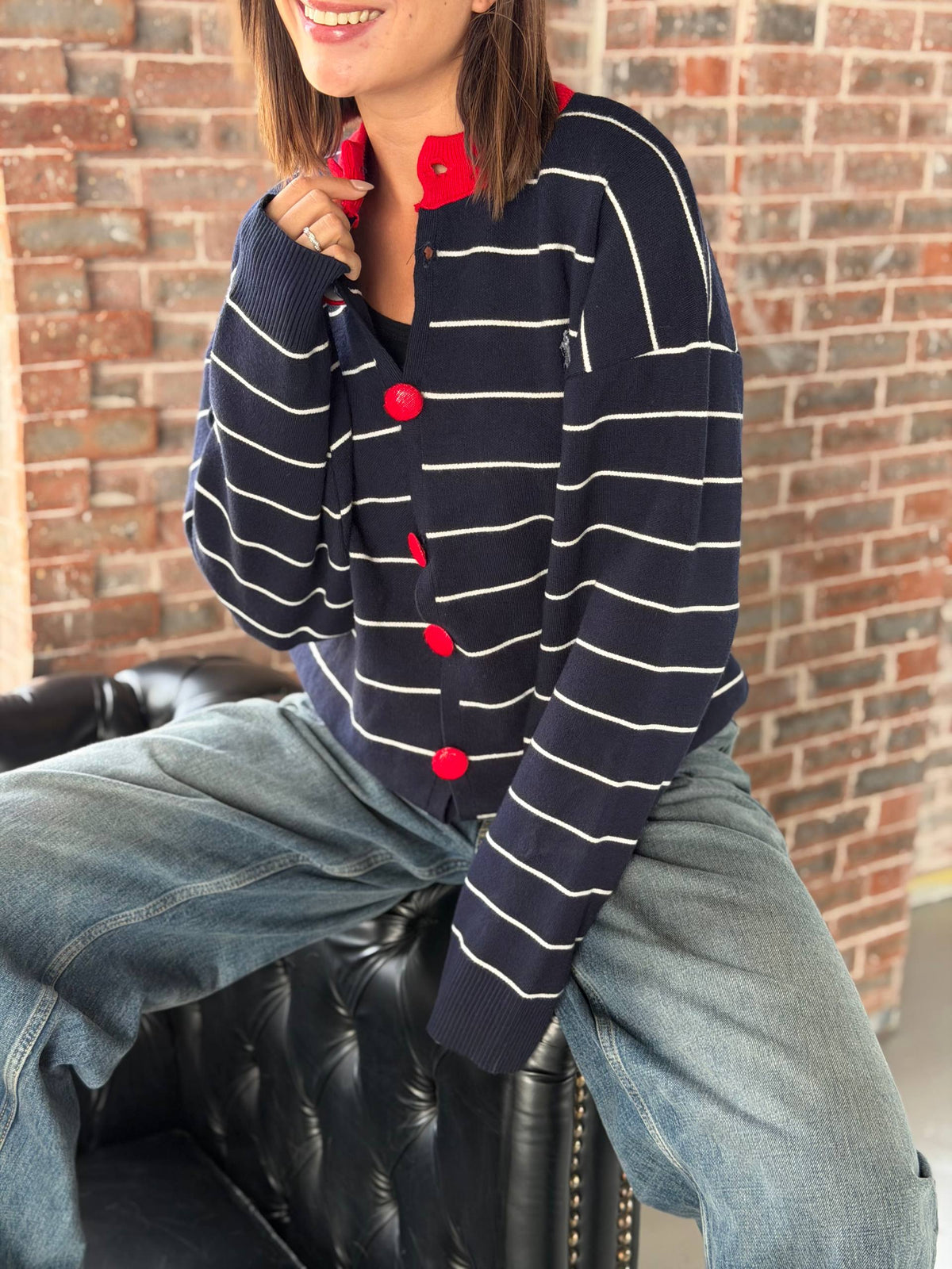 Navy Striped Cardigan with Red Buttons
