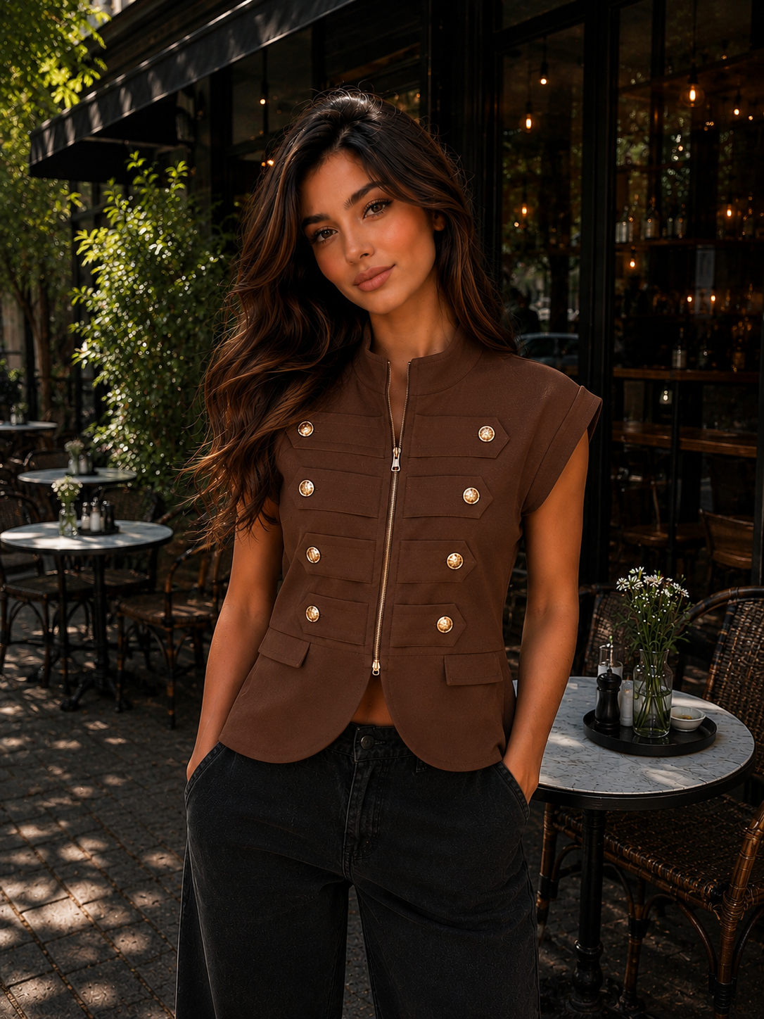 Brown Gold Button Zip Vest