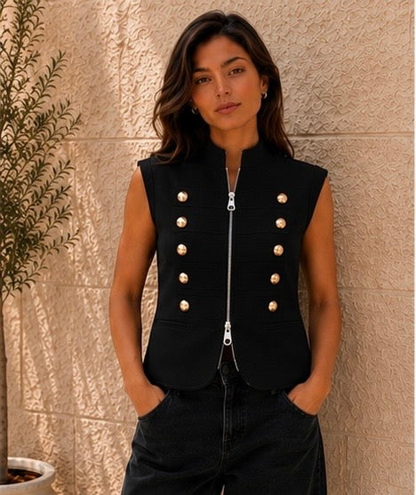 Black Gold Button Zip Vest