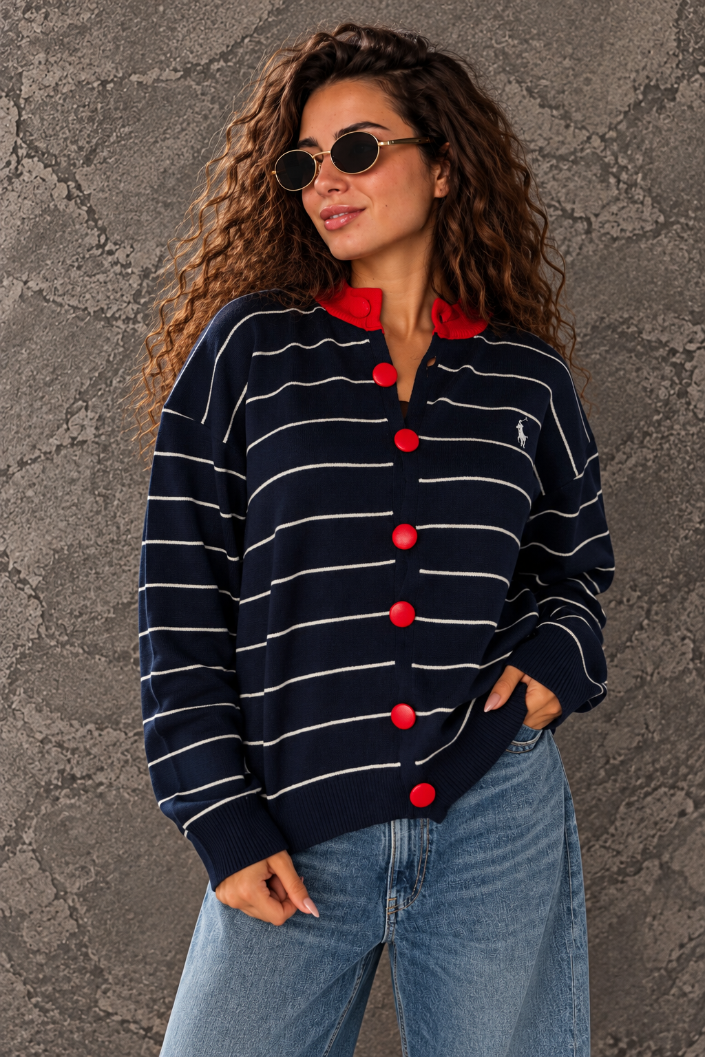 Navy Striped Cardigan with Red Buttons