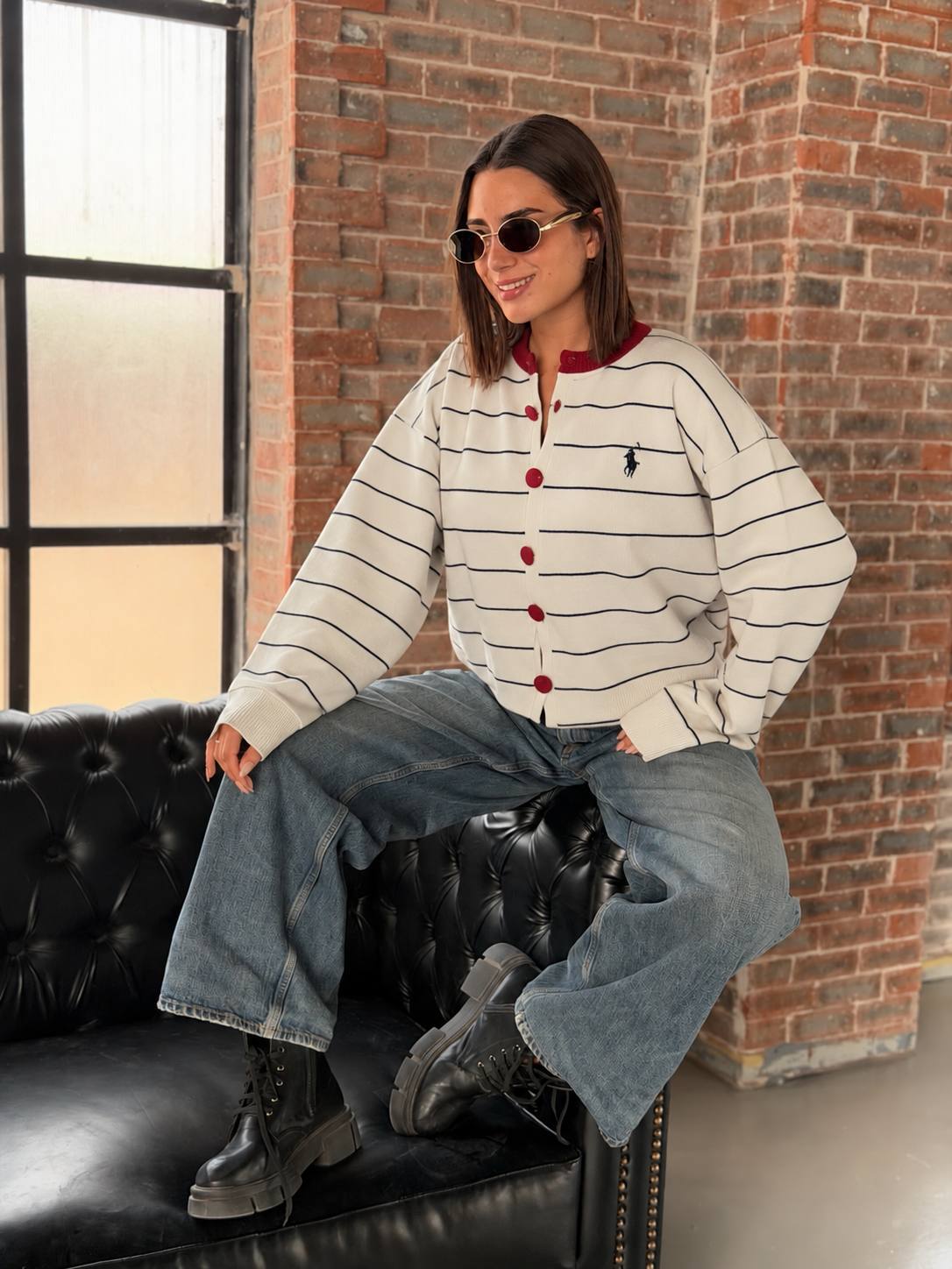 White Striped Cardigan with Red Buttons