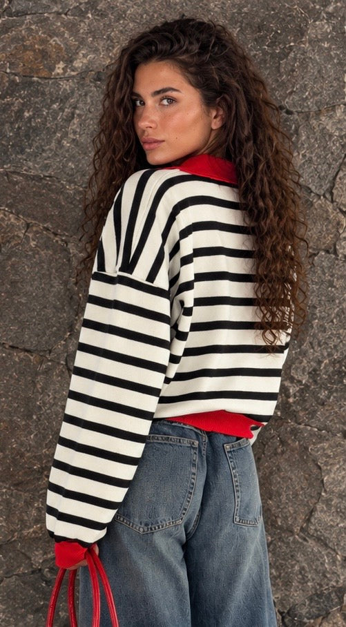 Red Collar Striped Knit Sweater