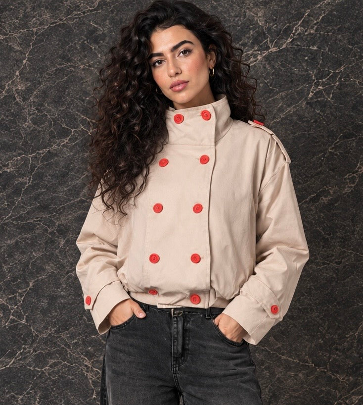 Beige Double-Breasted Bomber Jacket