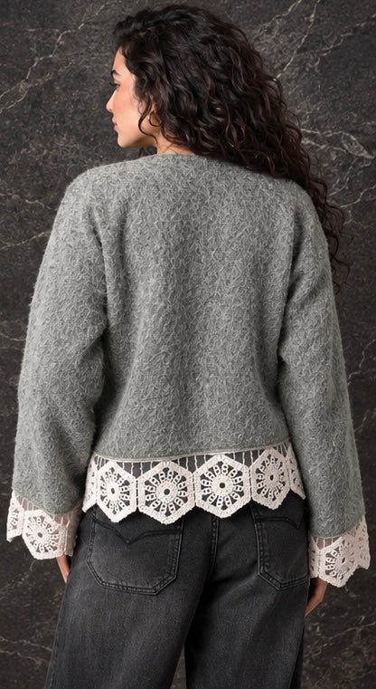 Mint Green Lace Trim Knit Cardigan