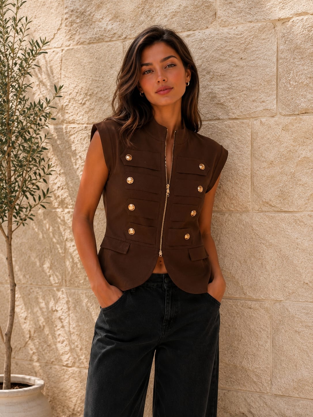 Brown Gold Button Zip Vest