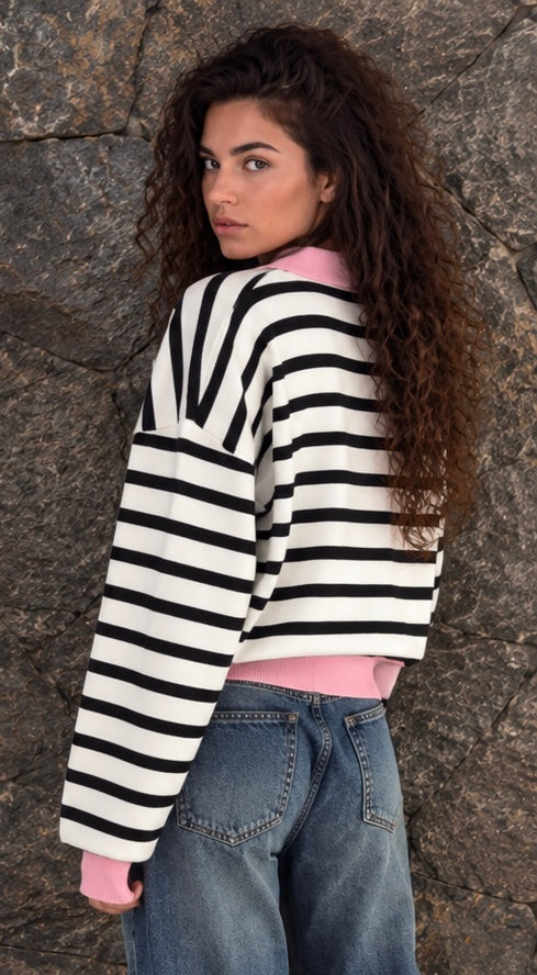 Pink Collar Striped Knit Sweater