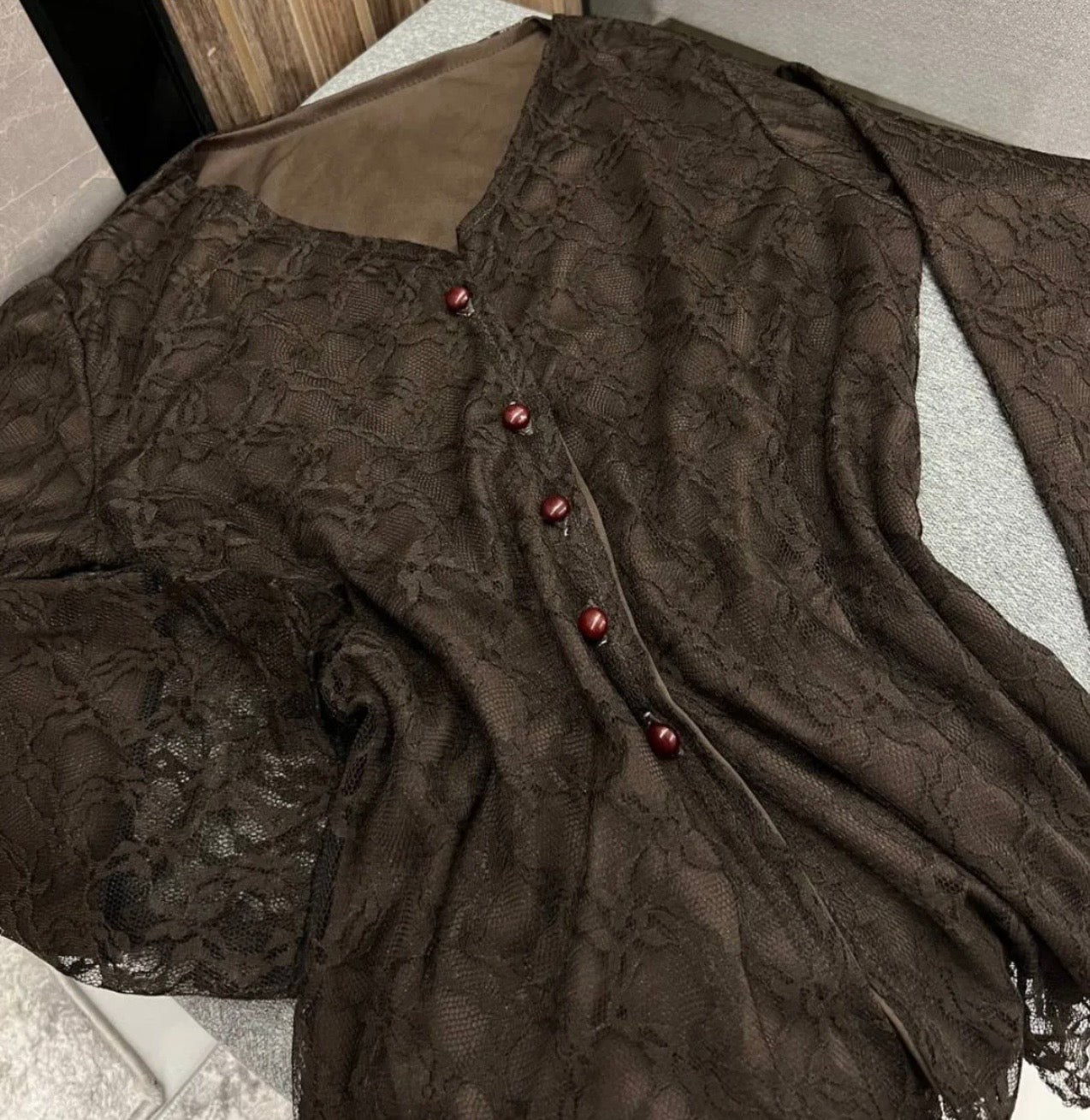 Brown Elegant Lace Trim Button Blouse