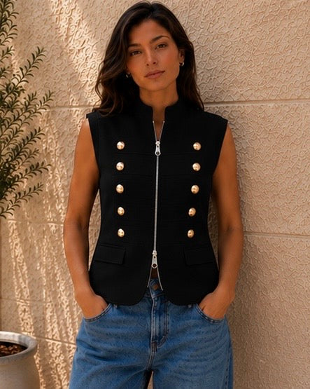 Black Gold Button Zip Vest