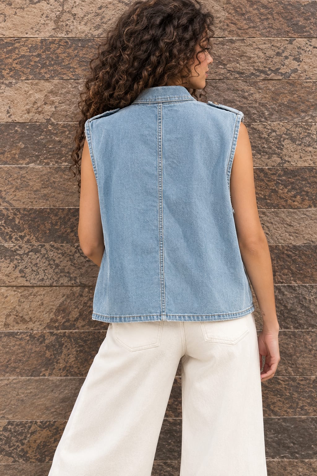 Velora Denim Military Vest – Light Blue