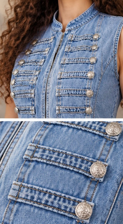 Light Blue Denim Military Vest