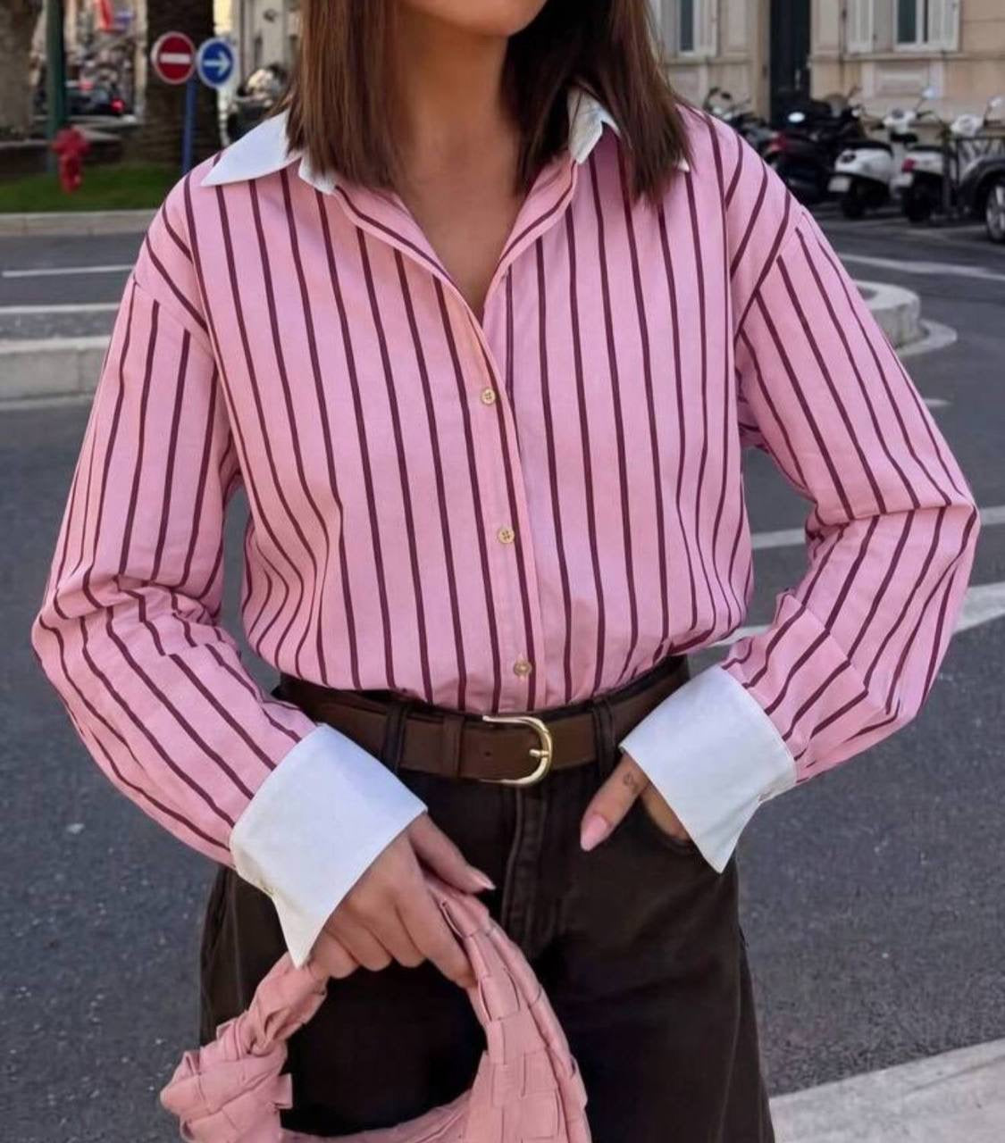 Pink Striped Contrast Collar Shirt