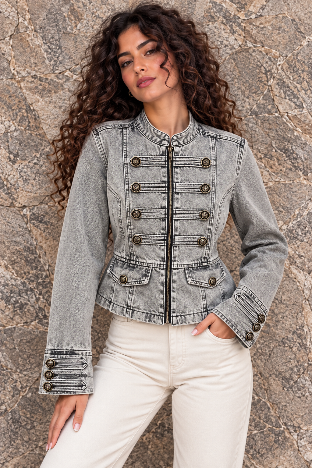 Grey Washed Denim Military Jacket