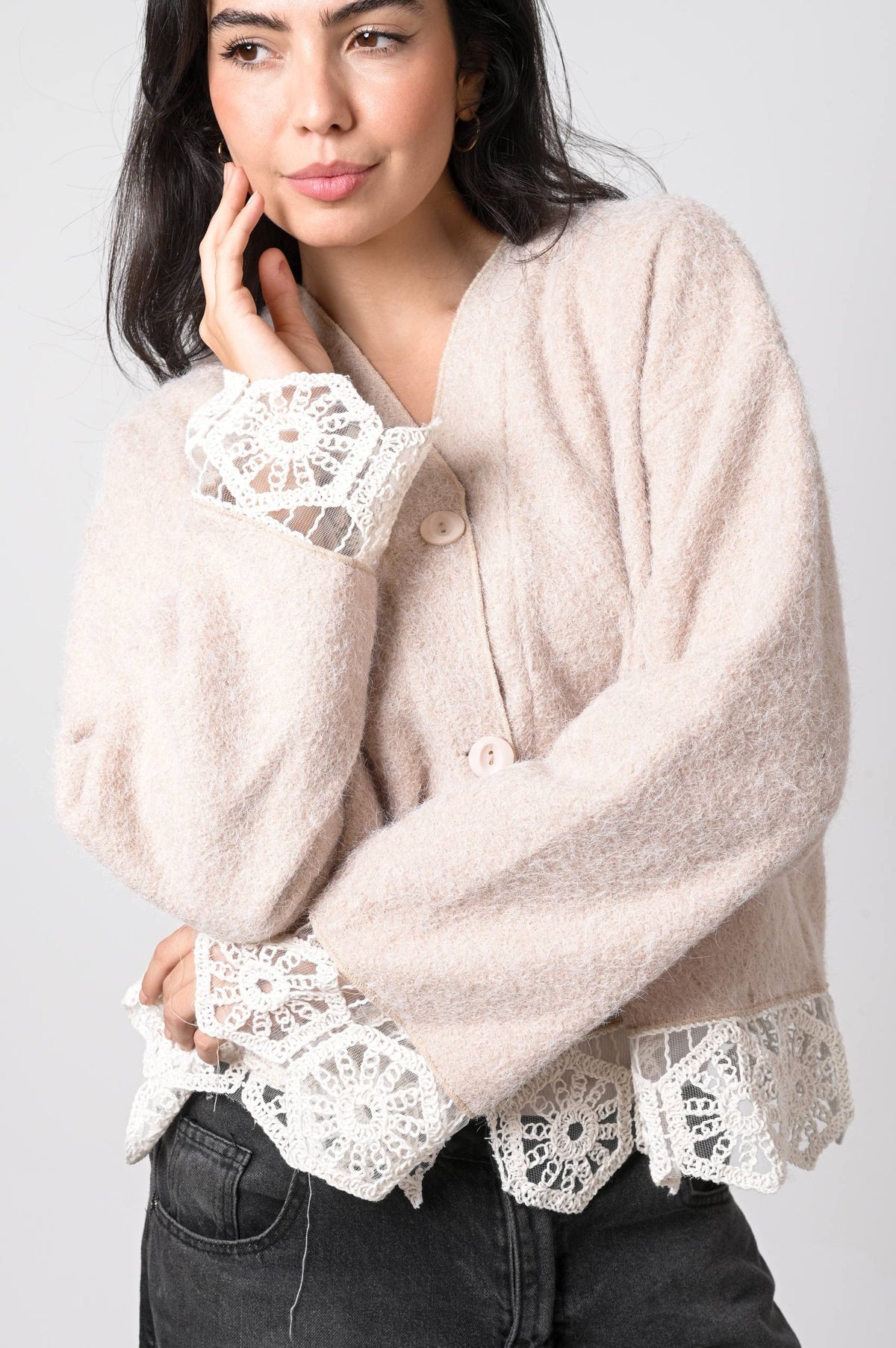 Beige Lace Trim Knit Cardigan