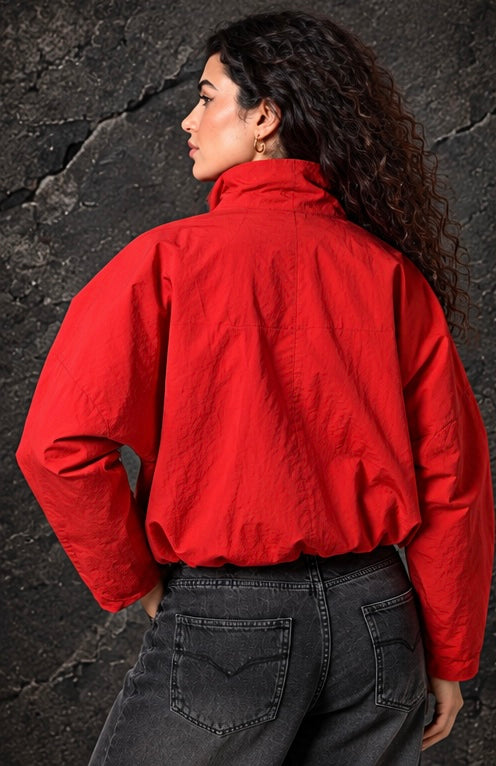 Red High-Neck Button-Up Bomber Jacket