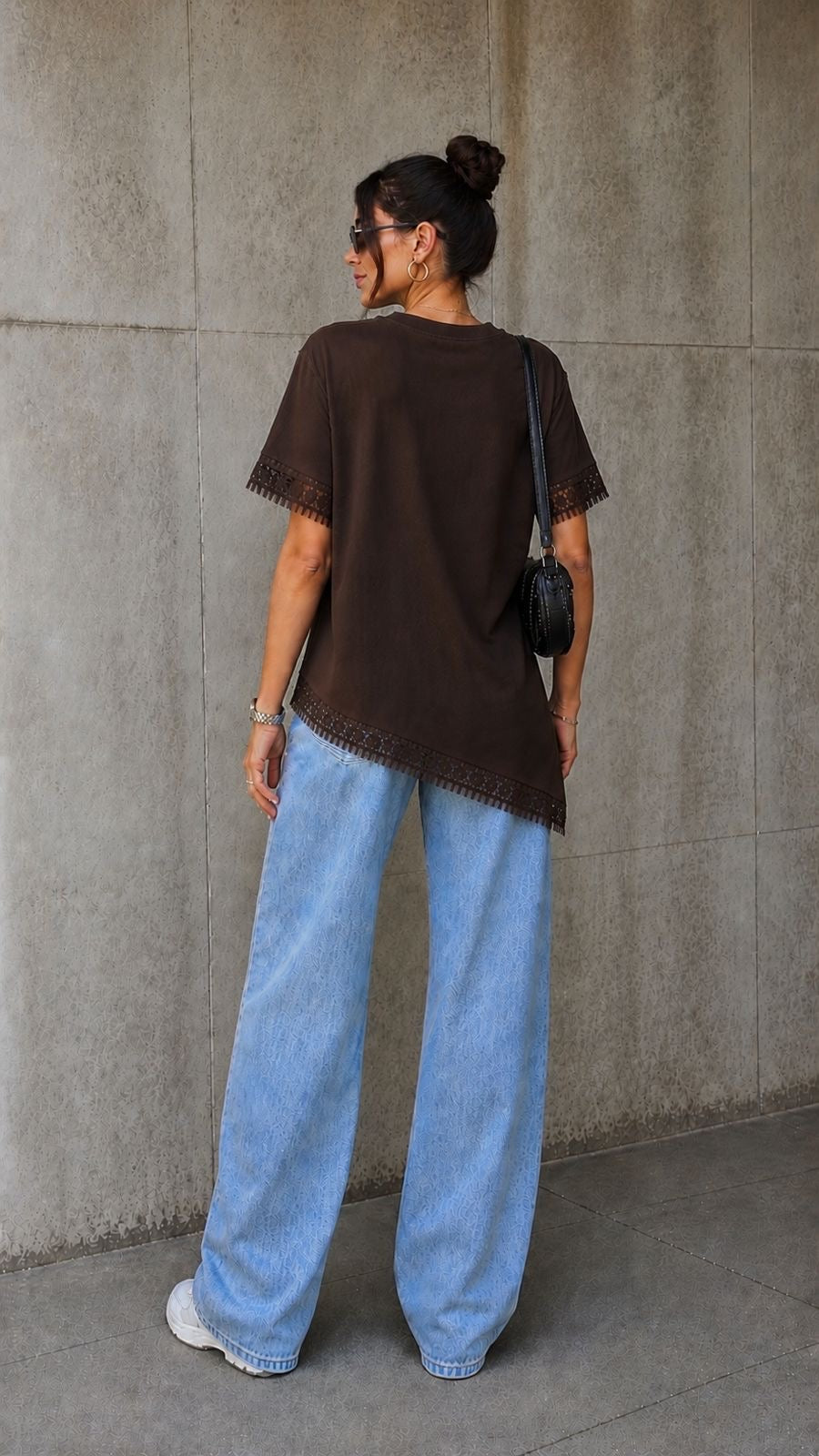 Brown Asymmetric Lace Hem Tee