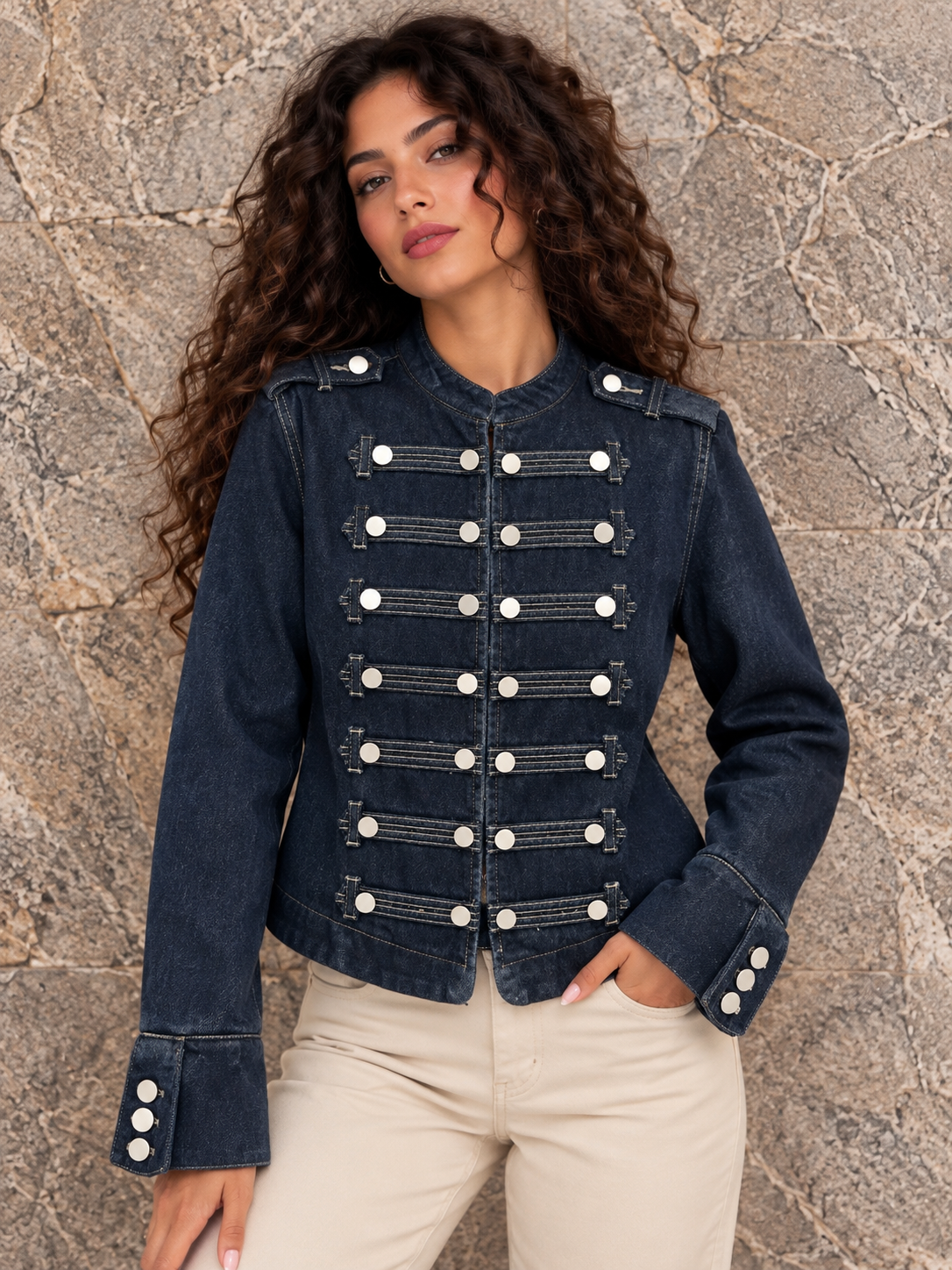 Dark Blue Denim Military Jacket