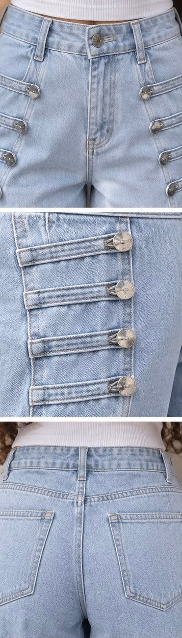 Light Blue Front Button Wide Leg Jeans