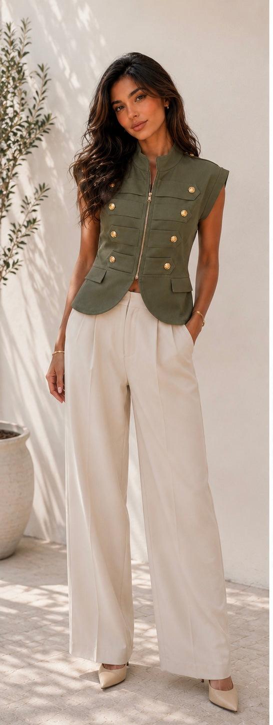 Olive Gold Button Zip Vest