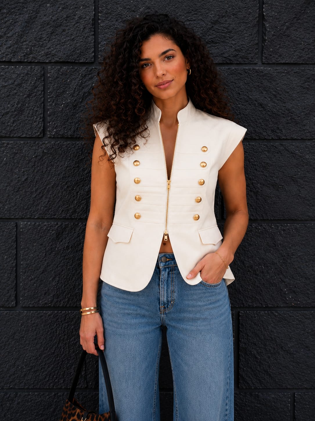 Velora off white Gold Button Zip Vest