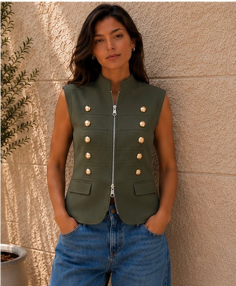 Olive Gold Button Zip Vest