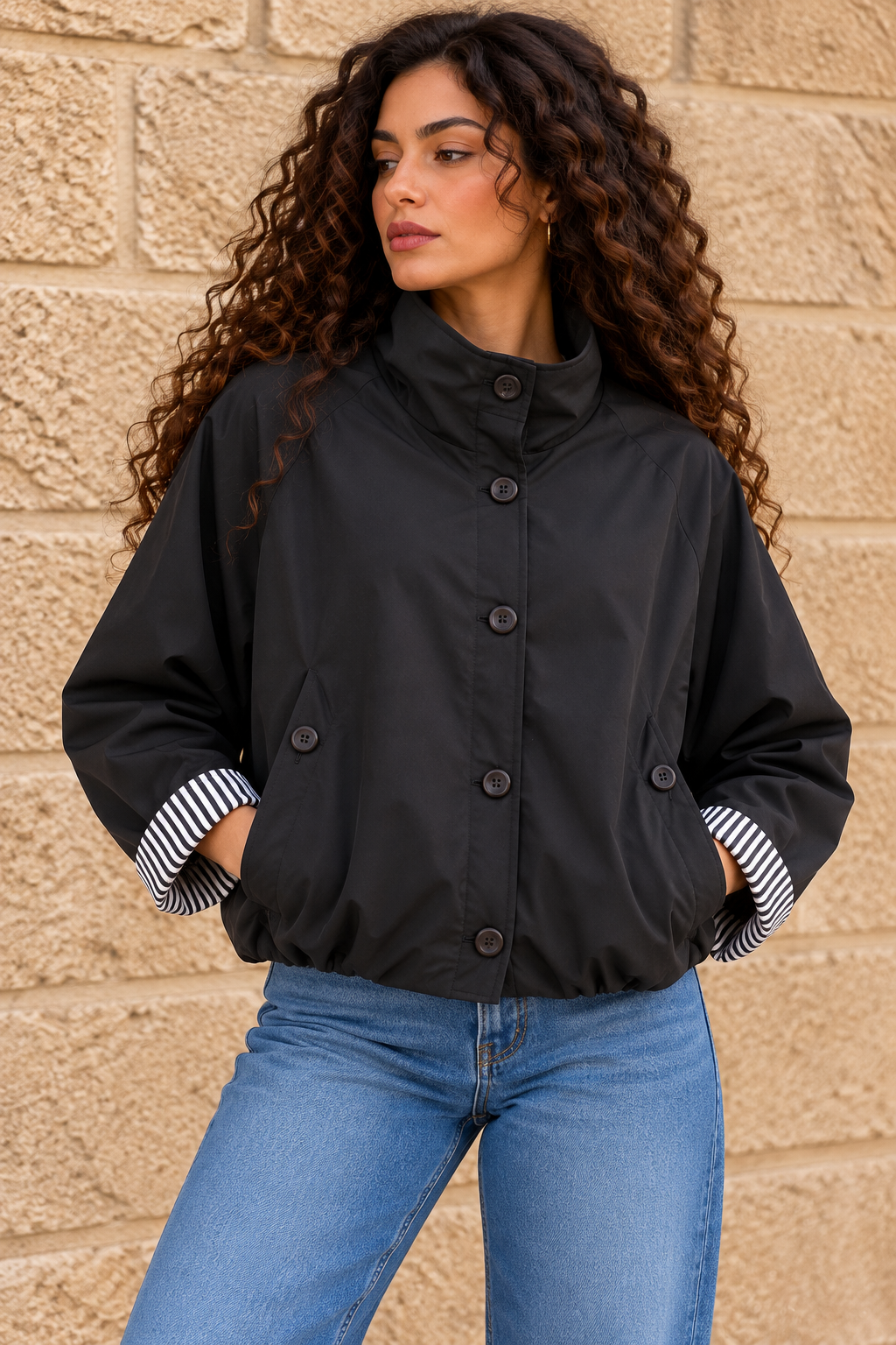 Black High-Neck Button Jacket