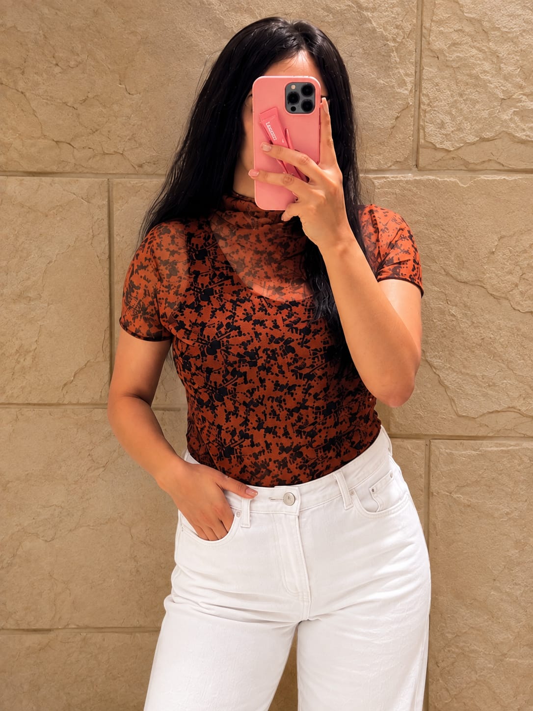 Rust Floral Mesh Top