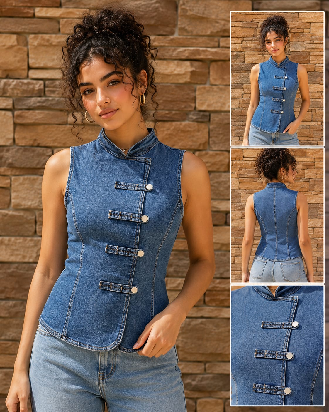 Denim Mandarin Collar Vest