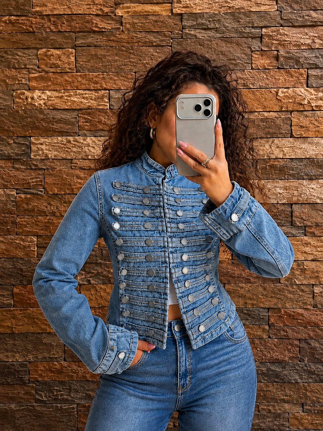 Blue Navy Denim Military Button Jacket