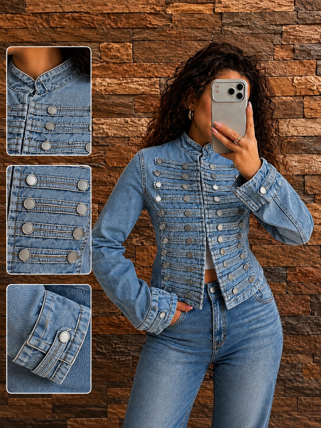 Blue Navy Denim Military Button Jacket