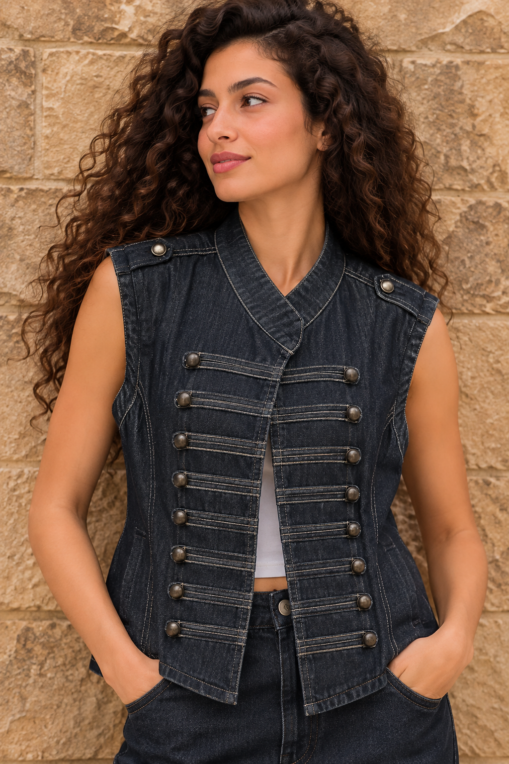 Dark Denim Military Button Vest