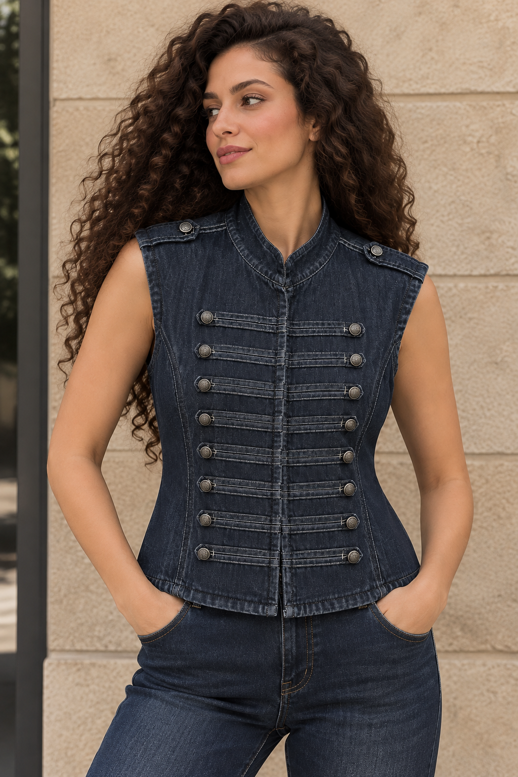 Dark Denim Military Button Vest