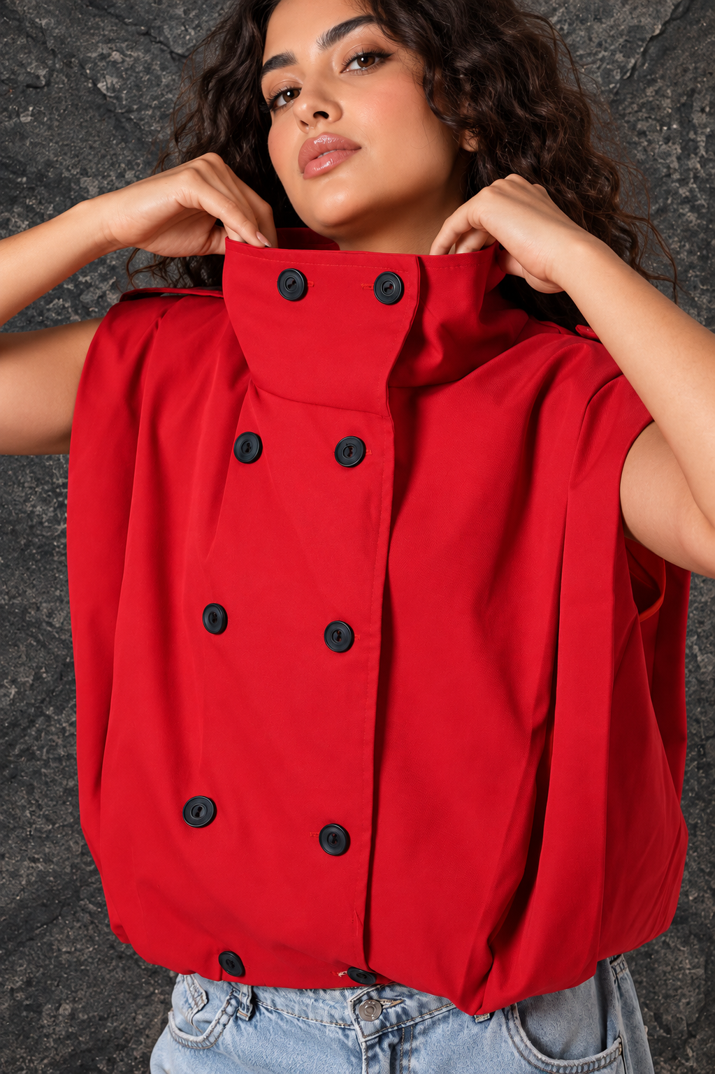 Red Statement Vest with Black Buttons