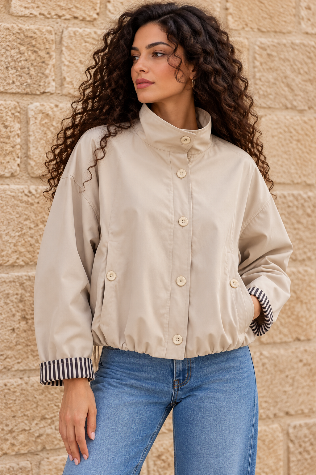 Beige High-Neck Button Jacket