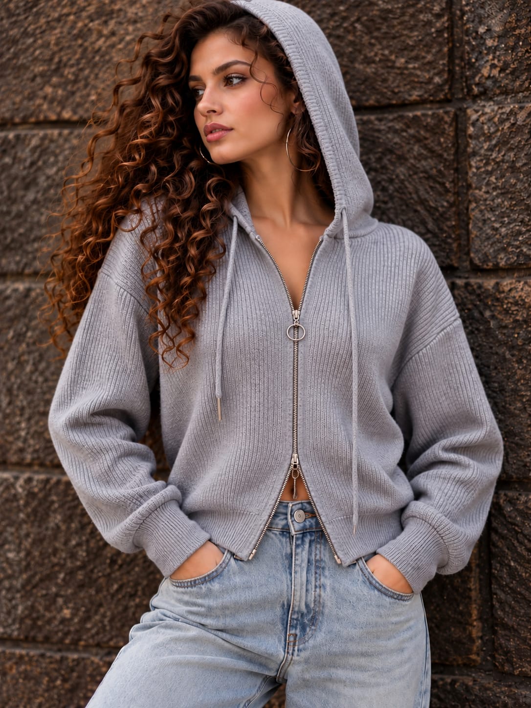 Grey Ribbed Zip-Up Hoodie