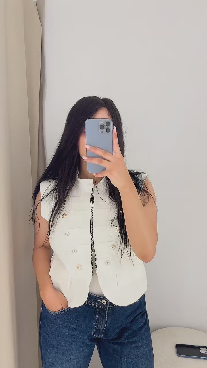 Velora off white Gold Button Zip Vest